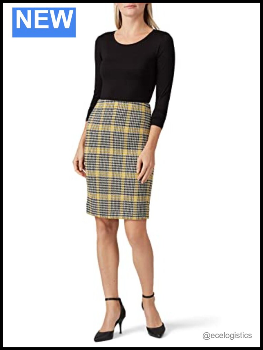 Plaid Wool Knee-Length Skirt with Elastic Waist and Back Slit
